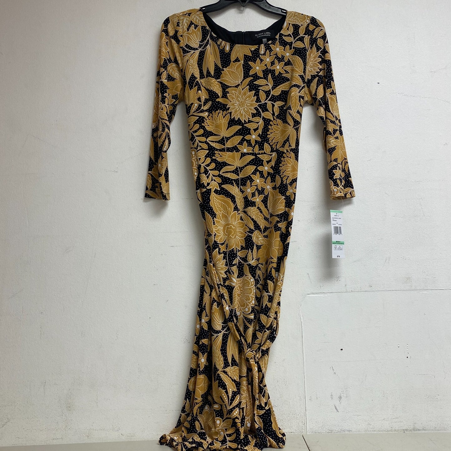 Black Label Women's 3/4 Sleeve Floral Midi Fit+Flare Dress Sz 8 Color Black Gold