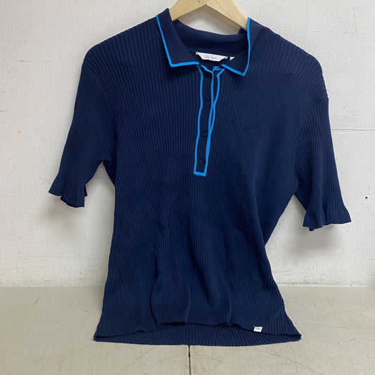 Lady Hagen Women's Short Sleeve Striped Sweater Rib Polo Navy WGH11481 New