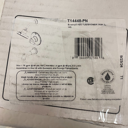 DELTA BOWERY H2O TUB/SHOWER TRIM 1L 14S Polished Nickel