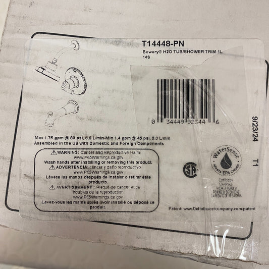 DELTA BOWERY H2O TUB/SHOWER TRIM 1L 14S Polished Nickel