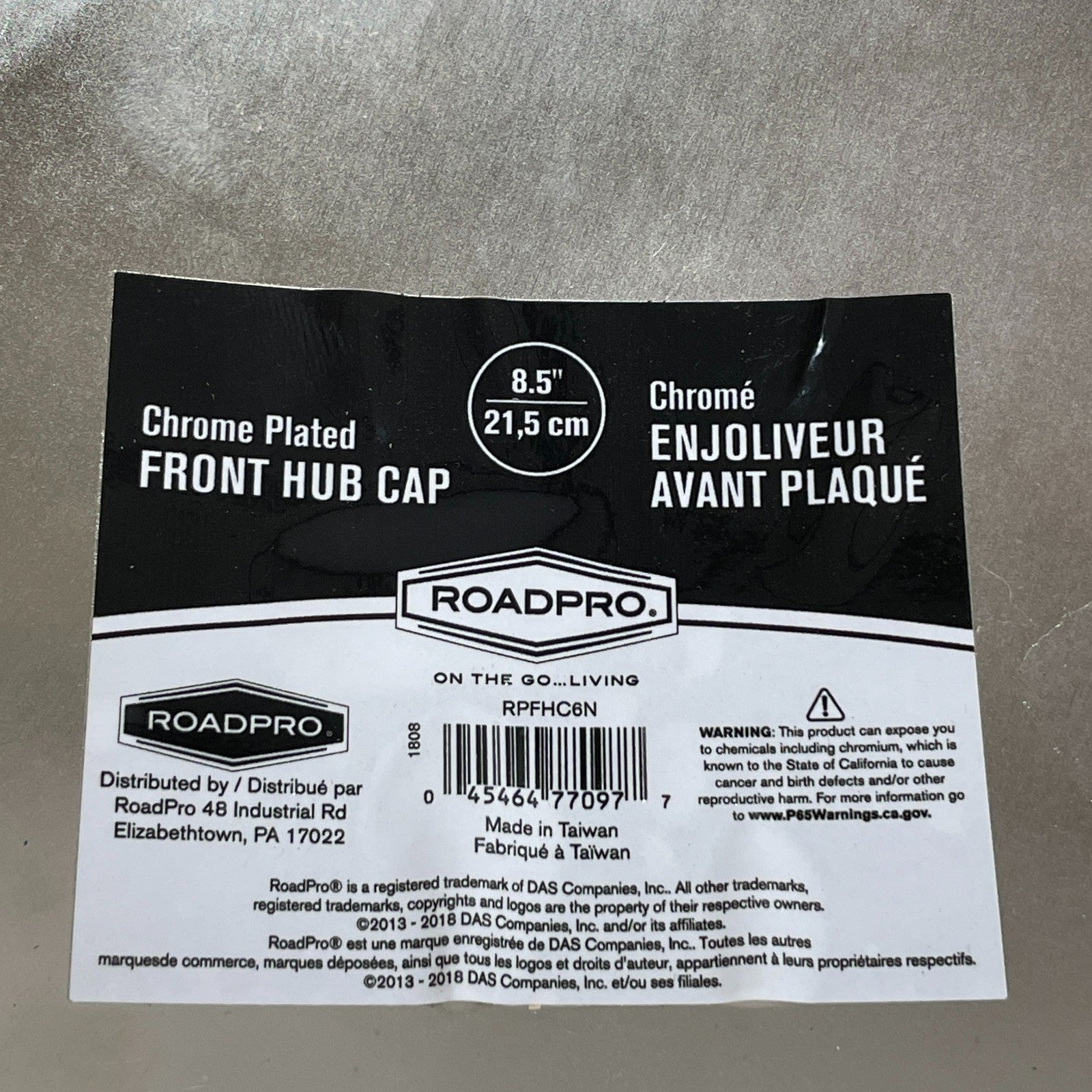 RoadPro RPFHC6N Chrome Plated 8.5" Steel Rounded Top Front Hubcap